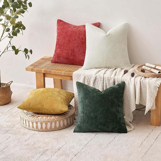 MIULEE Christmas Pack of 4 Throw Pillow Covers 16x16 Inch Christmas Red/Green Soft Decorative Chenille Pillow Covers Farmhouse Accent Cushion Covers for Boho Home Decor Bedroom Living Room