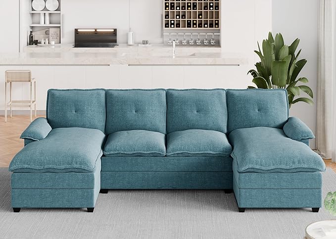 Meilocar U Shaped Sectional Sofa 110" 4 Seat Large Cloud Couch with Wide Chaise Double Cushions, Striped Blue