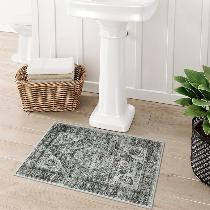 Uphome Boho Bathroom Rugs, Distressed Farmhouse Brown Bath Mat, Comfy Velvet Small Bath Rugs Non Slip Washable, Vintage Oriental Toilet Rug for Sink Shower Vanity, 18x26 inch