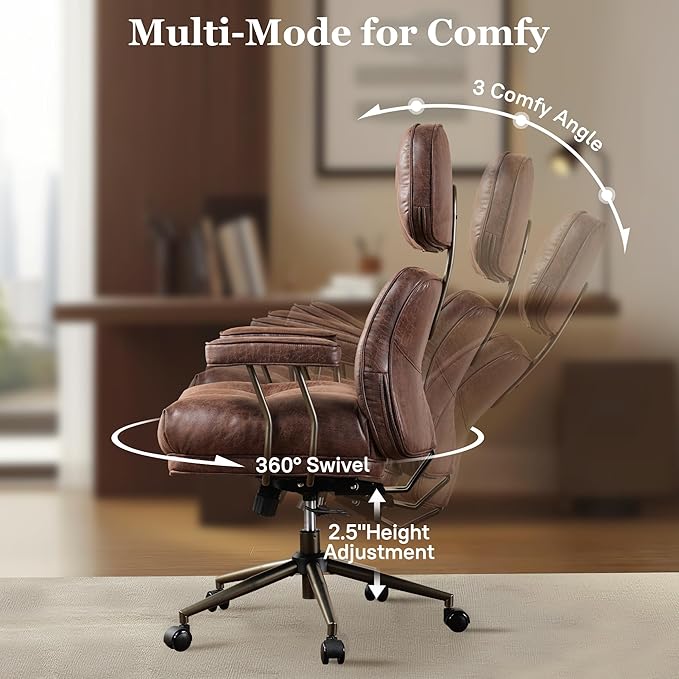 Mid Century Modren Large Office Chair, Big and Tall Ergonomic Executive Chair for Heavy Duty People, Desk Task Chair with Wheels, Faux Lether Fabric Wide Chair for Home Sturdy,Dark Brown