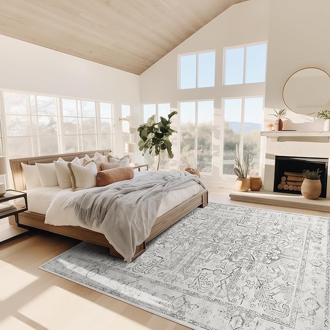 jinchan Vintage Floral Washable Area Rug 9x12 Non-Slip Low Pile Carpet, Blue
