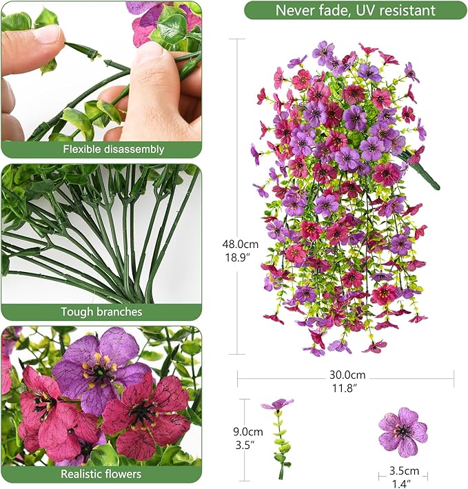 INQCMY 2Pcs Artificial Flowers for Outdoors UV Resistant Artificial Plants Easy Assembly for Spring Decor Look Real Faux Hanging Flowers for Outside Home Planter Porch Patio Decor