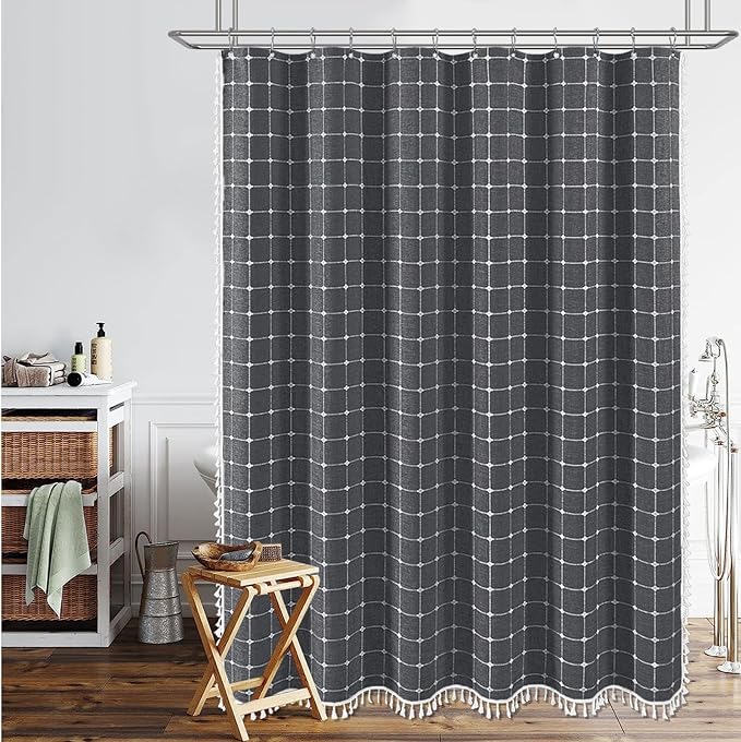 BTTN Stall Fabric Shower Curtain - 54x78 Inches Boho Linen Heavy Duty Tassel Shower Curtain Set with 10 Hooks, Narrow Rustic Modern Farmhouse Neutral Thick Shower Curtains for Bathroom - Charcoal Grey