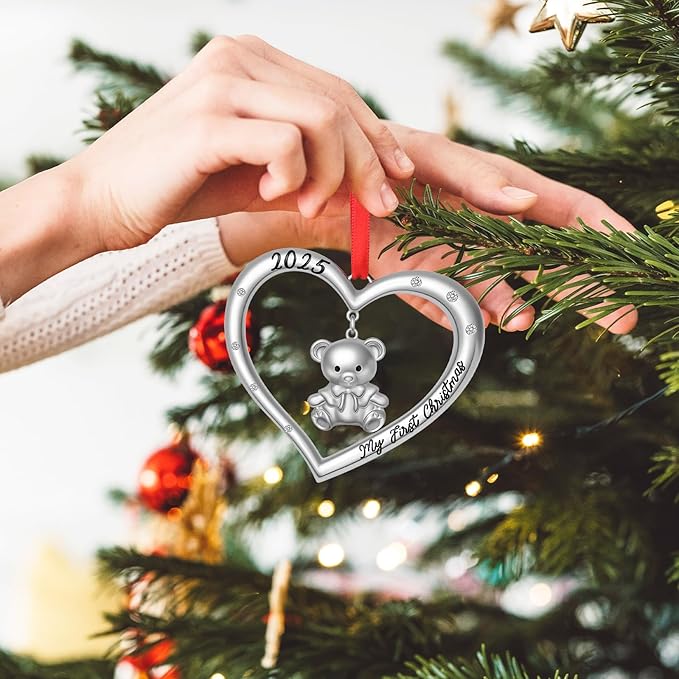 Baby’s First Christmas Ornament 2025 for Boy Girl, My First Christmas Ornament with Teddy Bear, Babys 1st Christmas’S Ornaments 2025 Metal Hanging for Newborn Xmas Tree Decoration Gift