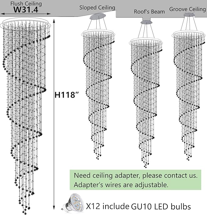 118inch Modern Crystal Chandelier for High Ceiling Living Room Foyer Crystal Raindrop Pendant Light Dimmable Lighting with Remote Straircase Fixture LED Bulbs