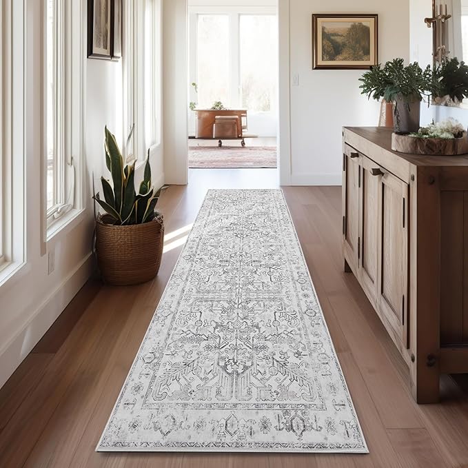jinchan Vintage Floral Washable Runner Rug 2x10 Non-Slip Low Pile Carpet, Grey