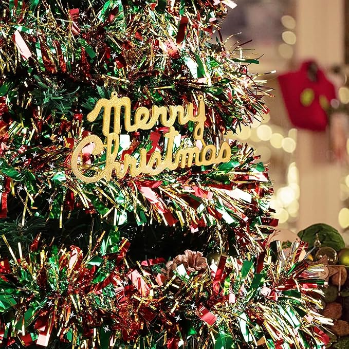 50Ft Christmas Red Green and Gold Tinsel Garland Metallic Twist Shiny Garland for Xmas Christmas Tree Ceiling Hanging Decorations Holiday Wedding Home Party Supplies Indoor Outdoor Decor