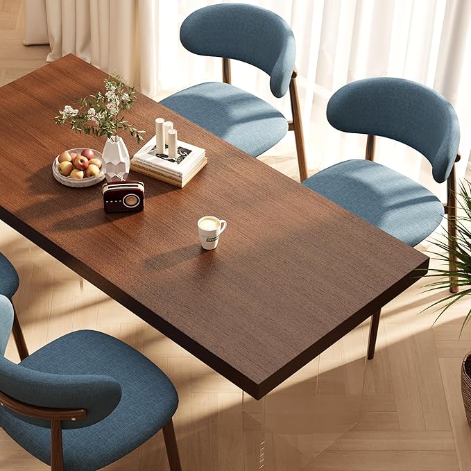 Kitchen Dining Chairs Set of 4 Modern Soft Linen Farmhouse Dining Room Chair with Metal Legs, Blue/Walnut