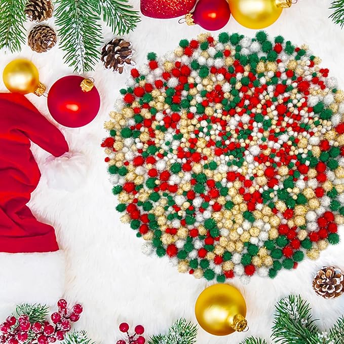 Allruyee 1500 Pieces Christmas Pom Pom Tinsel Glitter Pom Pom Balls for Crafts and Decorations(4 Sizes, Gold, White, Red, Green)