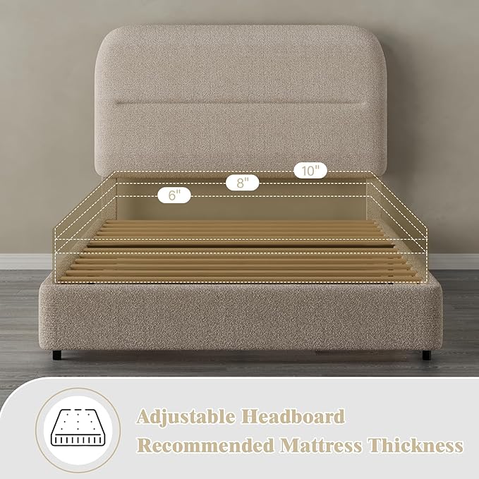 Twin Size Boucle Bed Frame, Upholstered with Headboard, Twin for Kids, Thickened Footboard/Rounded Corners/Adjustable Headboard/No Box Spring Needed/Easy Assembly, Beige