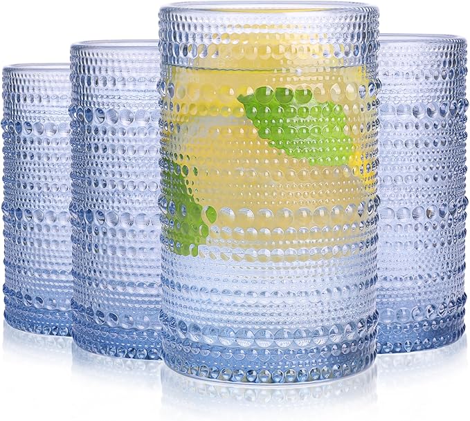 Blue Hobnail Glasses Drinking Set of 4, 12 oz Cocktail Glasses, Blue Vintage Glassware for Beer, Cocktail, Soda, Juice, Coffee and Various Mixed Drinks