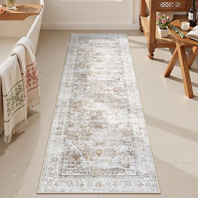 Uphome Bathroom Runner Rug, Distressed Tribal Farmhouse Light Khaki Bathroom Mat, Large Bathroom Rugs Non Slip Washable, Oriental Retro Boho Bath Mat Runner for Bathtub Sink Hallway, 24x59 inch