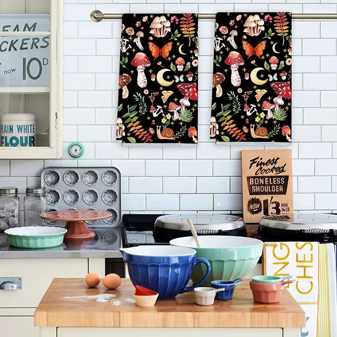 Mushroom Kitchen Towels Set of 2 Absorbent Tea Towels 24x16 Cooking Baking Home Decoration Tabletop Decor