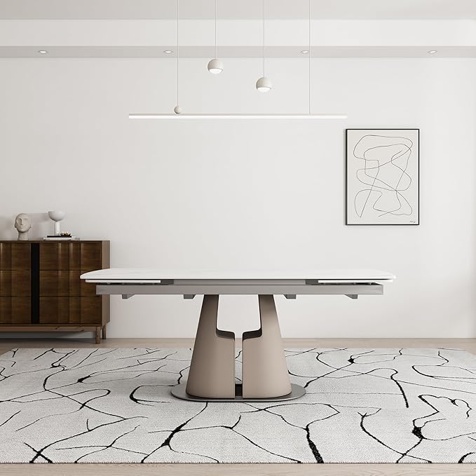 Modern Dining Table, Seats 8-10, Extendable Sintered Stone Dining Table, White Top, Saddle Leather Pedestal Table, 90 in.