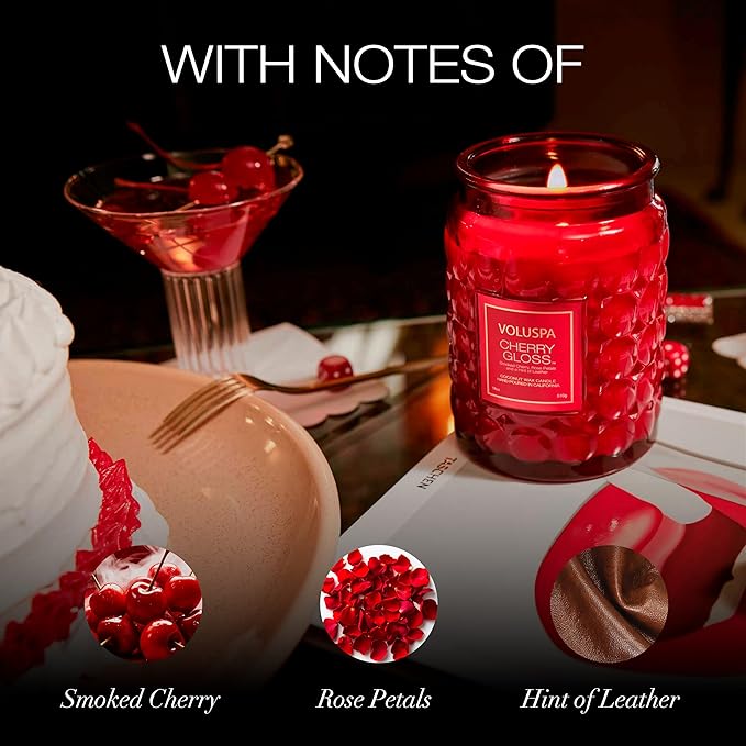 Voluspa Cherry Gloss Large Jar Candle, 18 oz, Coconut Wax Blend, Scented Candles for Home, 100 Hour Burn Time, Fruity Candle, Handcrafted in The USA