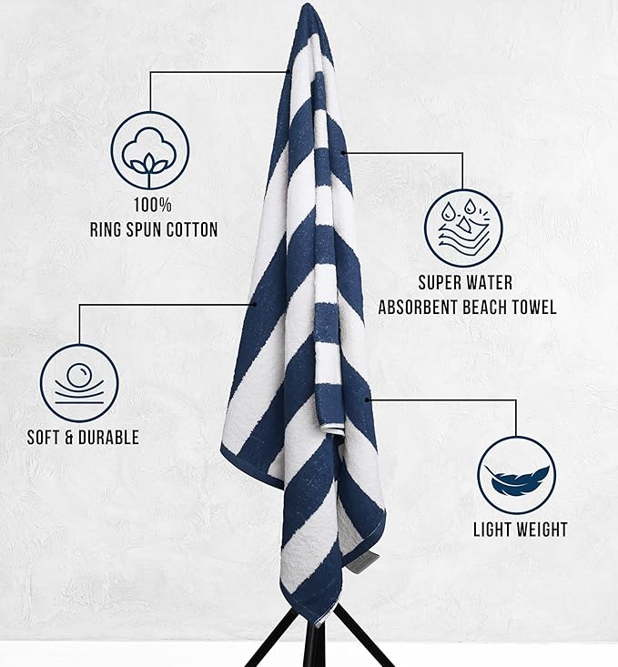 Utopia Towels 4 Pack Cabana Stripe Beach Towel Oversized 100% Ring Spun Cotton Beth Towels Highly Absorbent Quick, Navy