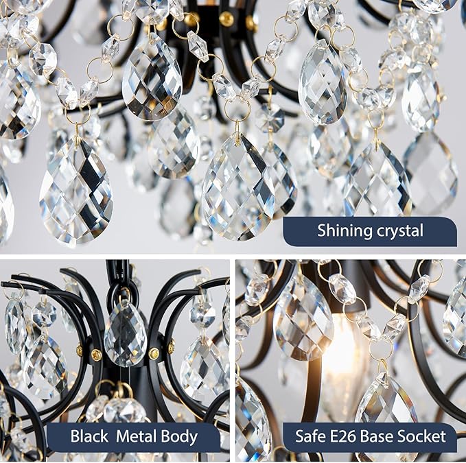 Bestier Black Modern Pendant Chandelier Crystal Raindrop Lighting Ceiling Light Fixture Lamp for Dining Room Bathroom Bedroom Livingroom entryway 1 E26 Bulbs Required D13 in x H16 in
