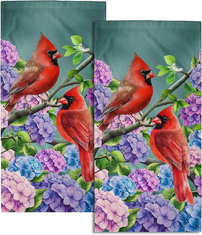 Hummingbird Hydrangea Set of 2 Floral Cardinal Spring Summer Kitchen Dish Towels Farmhouse Fingertip Towels 28.3x14.4