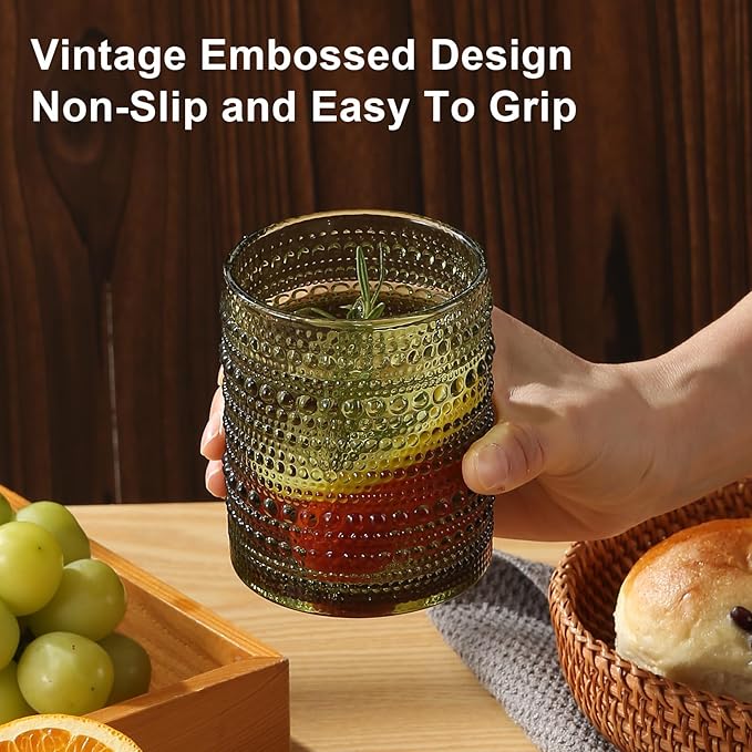 Vintage Hobnail Drinking Glasses Set of 8 Green 12 oz & 15oz Highball Glass Cups Kitchen Drinkware Glassware Embossed