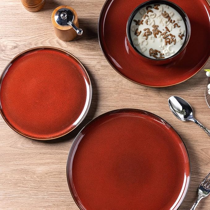 LeRatio Ceramic Dinnerware Sets for 6,Porcelain Plates and Bowls Sets,Handmade Reactive Glaze Dishes Set,Chip Resistant and Scratch Resistant | Oven&Dishwasher & Microwave Safe-Red(18PCS)