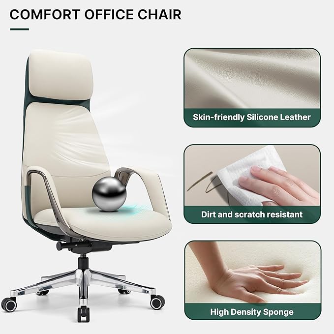 EUREKA ERGONOMIC Comfortable Office Chair Ergonomic Desk Chair, Genuine Leather Office Chair Big and Tall Executive Chair with Lumbar Support, Modern Ergonomic Chair with Wheels for Home Office- Beige