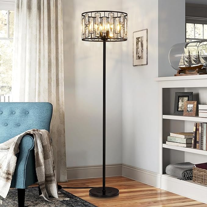 Wellmet Black Crystal Floor Lamp for Living Room, 4 Lights Modern Crystal Standing Lamp, Tall Elegant Floor Lamp with Foot Switch for Office, Reading Room, Bedroom, Dining Room, Entryway(E12 Base)