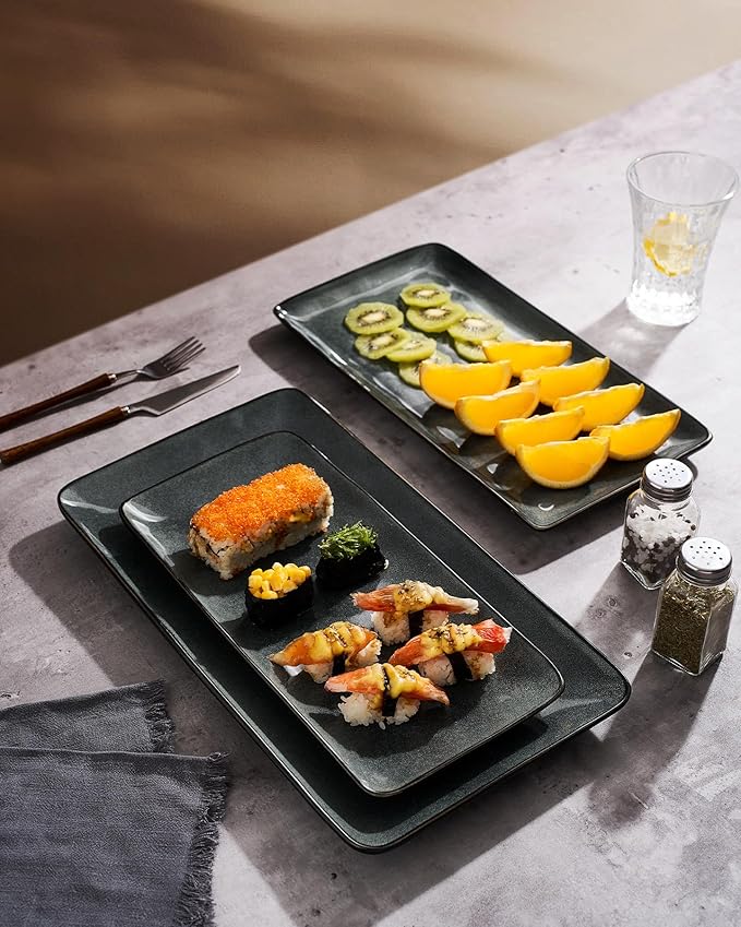famiware Serving Platter, Rectangular 15.67/14.1/12.6inch Serving Dishes for Entertaining, Dishwasher Safe, Stoneware for Party, Food, Turkey, Snack, Cheese, Reactive Glaze, Deep Forest