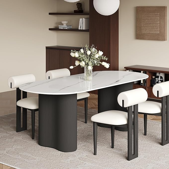 71" Modern Oval Dining Table for 6, Glossy White Sintered Stone Dining Tabletop with Black Dual-Pedestal, Easy Assembly Dining Room Table for Home Kitchen (Table Only)