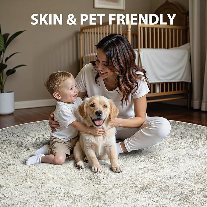 Round Rug 5ft Circle Rug Washable: Carpet Small Circular Area Rug for Entryway Kitchen Bedroom Dining Room Living Room 5 Feet Abstract College Dorm Non Slip Low Pile Beige Brown