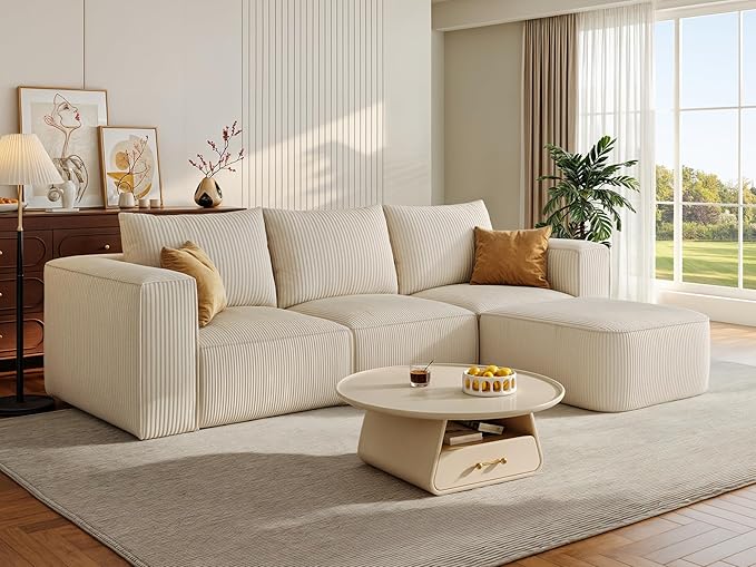 YITAHOME 107 Inch Cloud Modular Sofa with L-Shape Chaise, Deep Seat & 3 Pillows, Corduroy Couch for Living Room Bedroom, No Assembly Needed, Milky White
