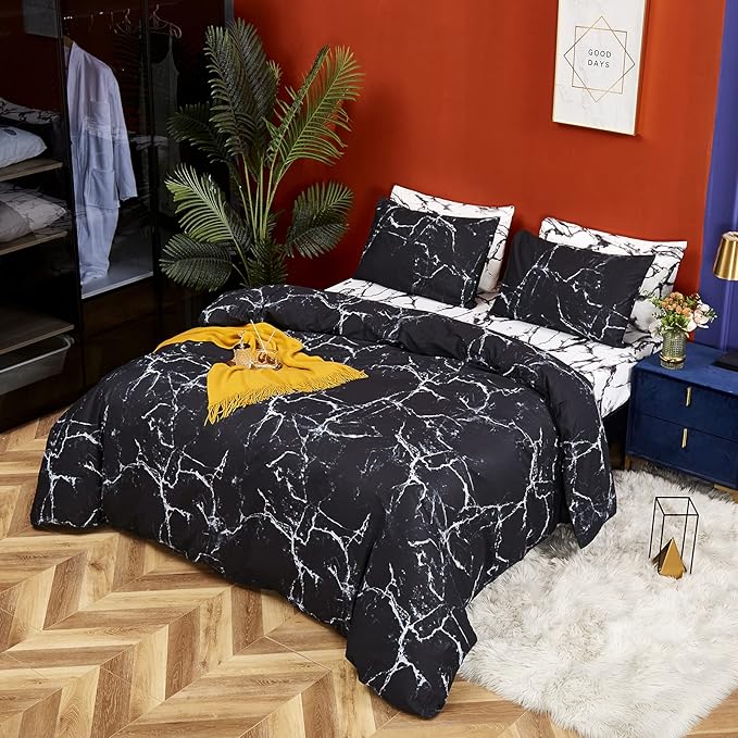 CLOTHKNOW Black White Grey Full Size Comforter Sets Marble Bedding Comforter Sets Soft All Season Black Comforters with 2 x Pillow Cases