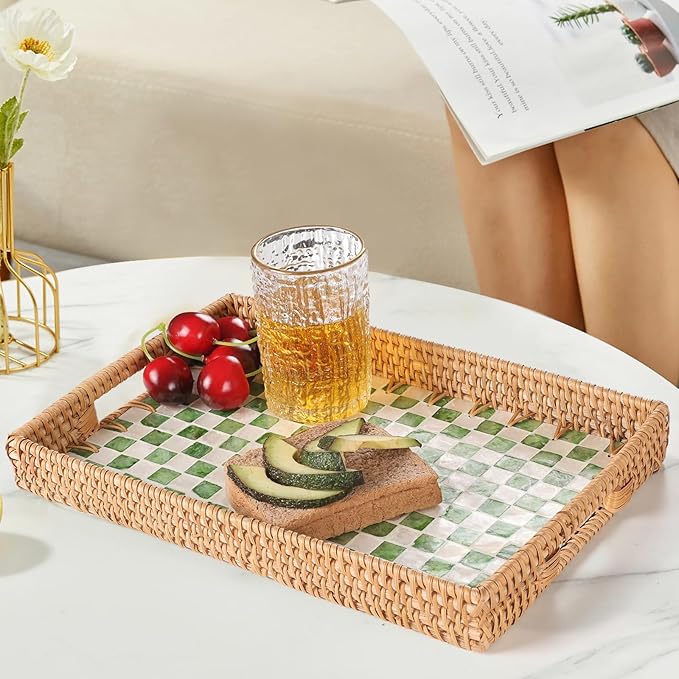 Rectangle Rattan Tray with Mother of Pearl Inlay, Rattan Serving Tray with Handle for Coffee, Bread, Fruits, Decorative Wicker Tray for Table Decor (Rectangle Green Checkerboard, 13"×9")