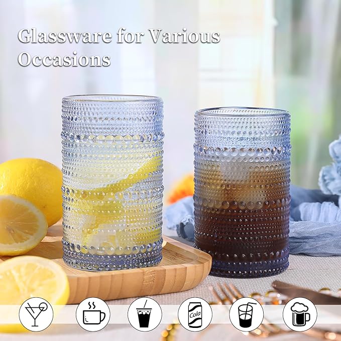 Blue Hobnail Glasses Drinking Set of 4, 12 oz Cocktail Glasses, Blue Vintage Glassware for Beer, Cocktail, Soda, Juice, Coffee and Various Mixed Drinks