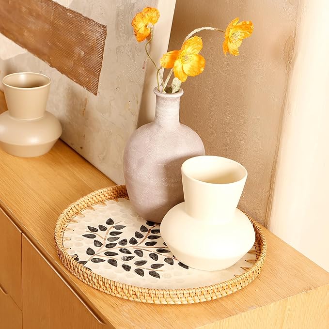 Round Rattan Tray with Mother of Pearl Inlay & Wooden Base - Decorative Wicker Serving Tray for Coffee/Bread/Fruits Display - Multipurpose Home Decor (L,Little Tree)