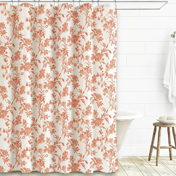Orange Shower Curtain Floral Cotton Linen Cottagecore Shower Curtain for Bathroom 72" W x 72" L