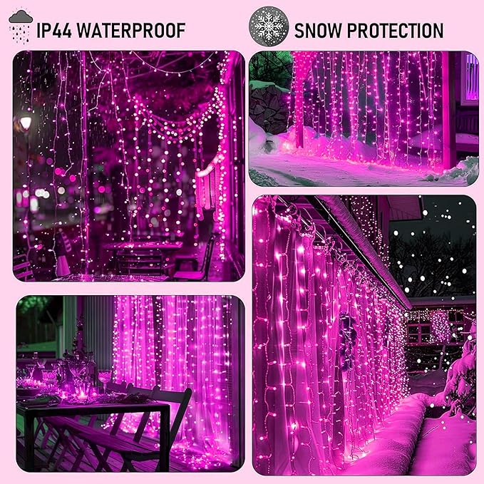 Dazzle Bright 300 LED Curtain String Lights, Valentine's Day Fairy Lights for Bedroom with 8 Lighting Modes, Connectable Waterproof Window Lights Party Wedding Garden Wall Christmas Decor, Pink