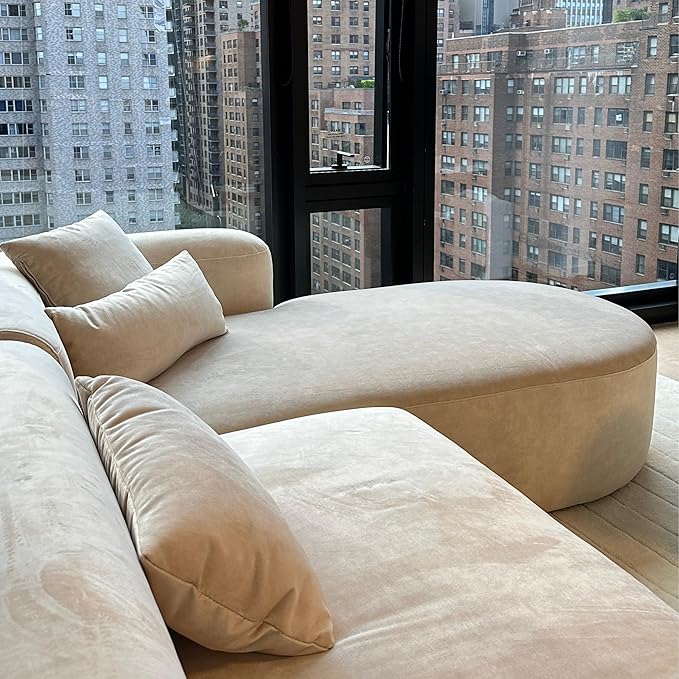 Acanva Luxury Modern Tight Curved Back Velvet Sofa, Minimalist Style Comfy Couch for Living Room Apartment, L-Shape Right Chaise, Cream