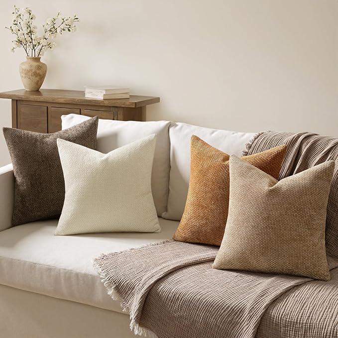 MIULEE Pack of 4 Brown Throw Pillow Covers 18x18 Inch Soft Fall Decorative Chenille Pillows Farmhouse Accent Cushions for Boho Home Decor Spring Bedroom Living Room