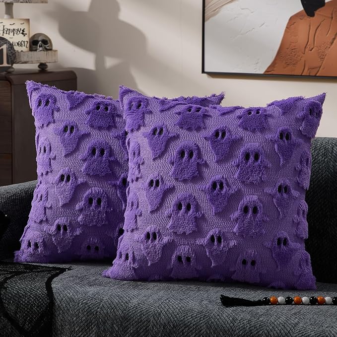 DFXSZ Halloween Pillow Covers 16x16 inch Set of 2 Purple Ghost Throw Pillow Cases Soft Plush Faux Fur Wool Cushion Case for Chair Bedroom Living Room Home Decor PTK03E16