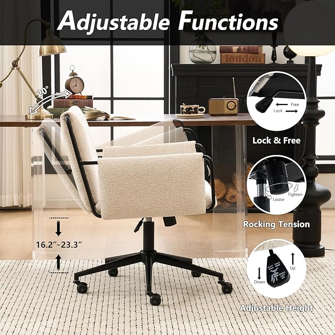 Rowill Modern Office Chair, Beige Boucle Fabric, Adjustable Height, 300 LBS Capacity, Wheels, Arm Rest, Perfect for Home Office, Bedroom, Makeup Room