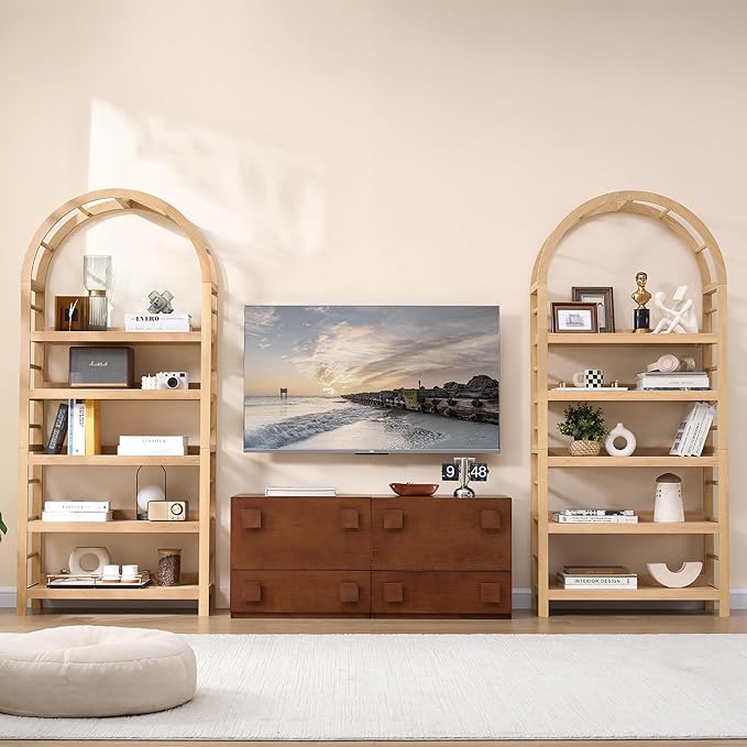 5-Tier Solid Wood Open Bookcase, Modern Arched Bookshelf, Home Office Shelf Storage Organizer, Storage Display Rack Shelf for Living Room (Natural)