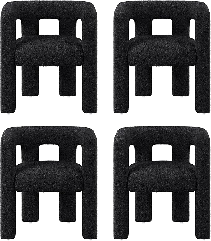 BELLEZE Modern Boucle Barrel Dining Chair Set of 4, Upholstered Linen Kitchen Boucle Armchair with Sidearms and Back, for Dining Room Living Room- Black