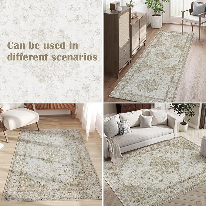 jinchan Vintage Floral Washable Area Rug 5x7 Non-Slip Medallion, Taupe