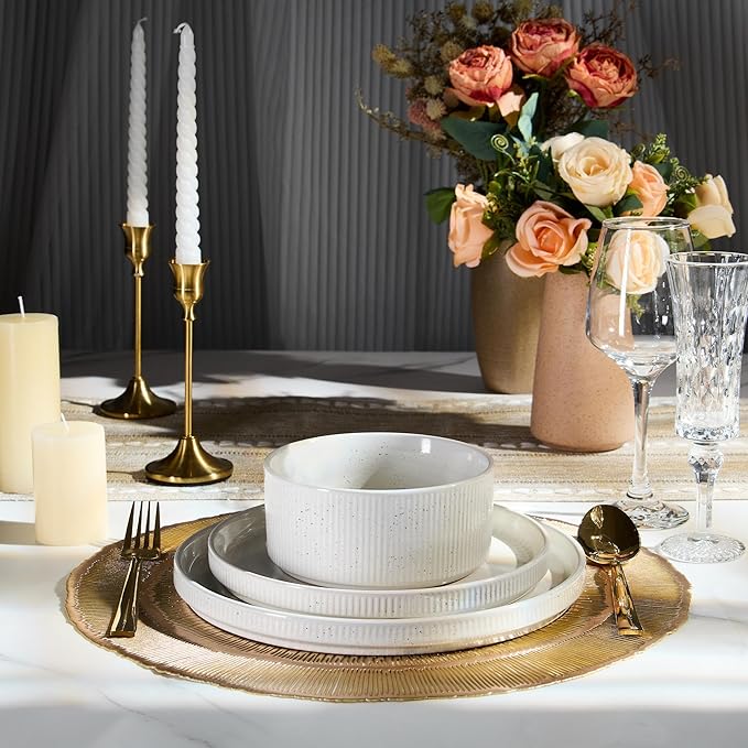E-far 12-Piece Plates and Bowls Sets, Stoneware Dinnerware Dishes Sets for 4, Kitchen Modern Dining Dishware, Chip & Scratch Resistant, Microwave & Dishwasher Safe, Speckled White