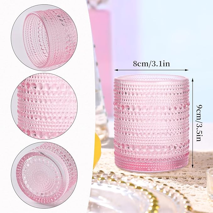 Pink Drinking Glasses Set of 4, 10 oz Hobnail Drinking Glasses - Pink Vintage Glassware for Beer, Cocktail, Soda, Juice, Coffee and Various Mixed Drinks
