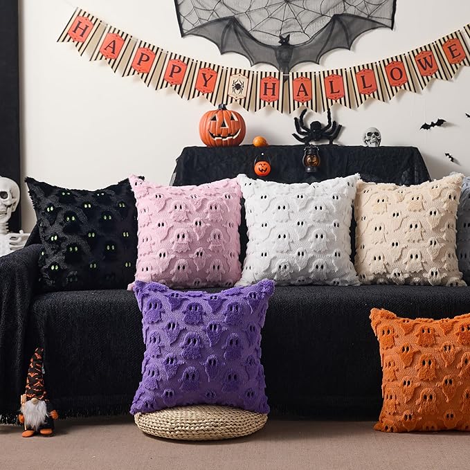 DFXSZ Halloween Pillow Covers 16x16 inch Set of 2 Black Ghost Throw Pillow Cases Soft Plush Faux Fur Wool Cushion Case for Chair Bedroom Living Room Home Decor PTK03F16