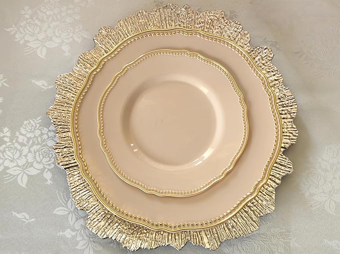 " OCCASIONS " 50 Plates Pack (25 Guests)-Heavyweight Wedding Party Disposable Plastic Plate Set -25 x 10.25'' Dinner + 25 x 7.5'' Salad/dessert plates (Rochelle Antique Rose and Gold)