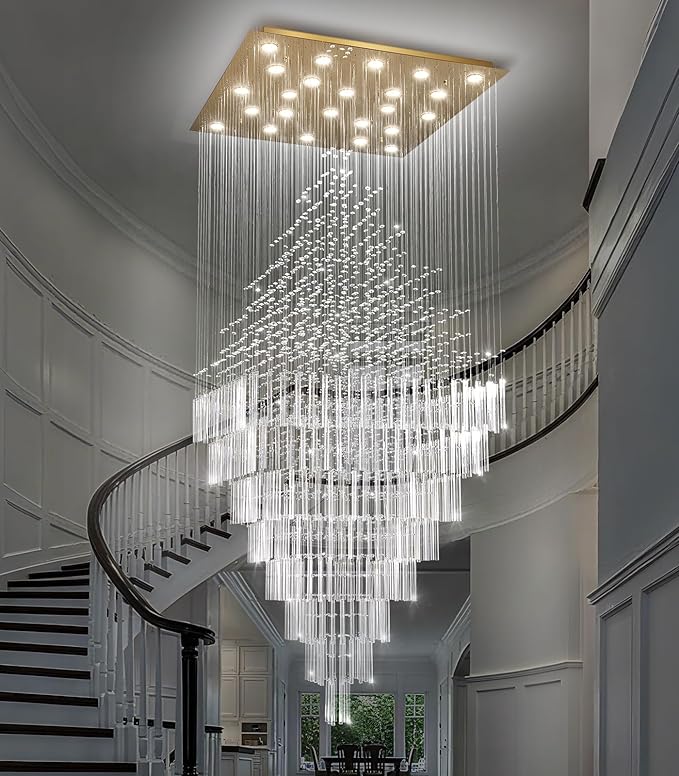 W47 x H120 Luxury Crystal Chandelier with LED Bulbs Glam Raindrop High Ceiling Square Light Chandeliers for Entrance Large Villa Foyer Living Room Lighting Fixtures Gold