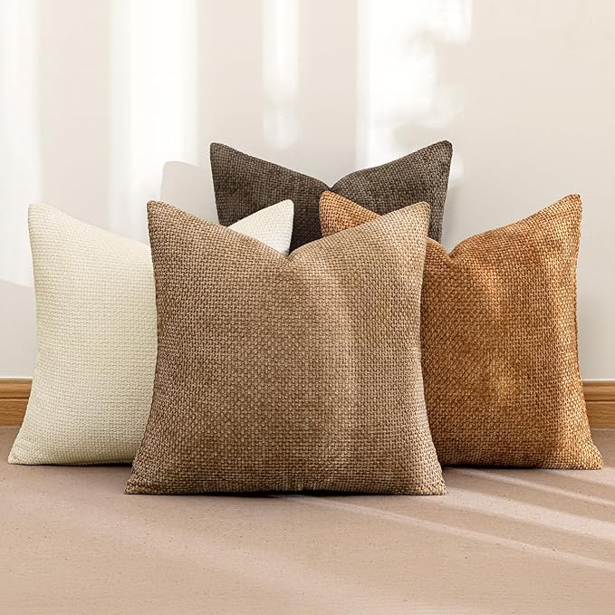 MIULEE Pack of 4 Brown Throw Pillow Covers 18x18 Inch Soft Fall Decorative Chenille Pillows Farmhouse Accent Cushions for Boho Home Decor Spring Bedroom Living Room