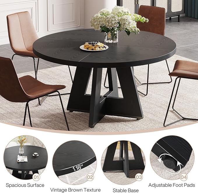 Tribesigns Farmhouse Dining Table 47 Inch Round Dinner Table for 4 Rustic Round, Black